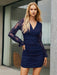 Elegant V-Neck Lace Dress with Pleated Detail and Long Sleeves