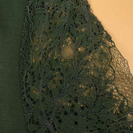 Elegant Long Sleeve Pleated Lace-Trim V-Neck Dress