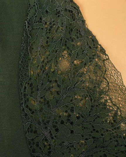 Elegant Long Sleeve Pleated Lace-Trim V-Neck Dress