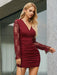 Elegant Lace-Trimmed V-Neck Pleated Dress with Long Sleeves