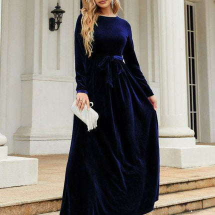 Opulent Golden Velvet Dress with Stylish Round Neckline and Sophisticated Belt - Women's Fashion Essential