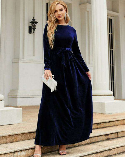 Opulent Golden Velvet Dress with Stylish Round Neckline and Sophisticated Belt - Women's Fashion Essential