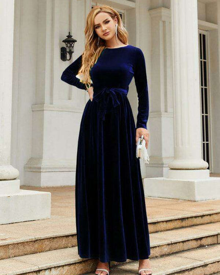 Opulent Golden Velvet Dress with Stylish Round Neckline and Sophisticated Belt - Women's Fashion Essential