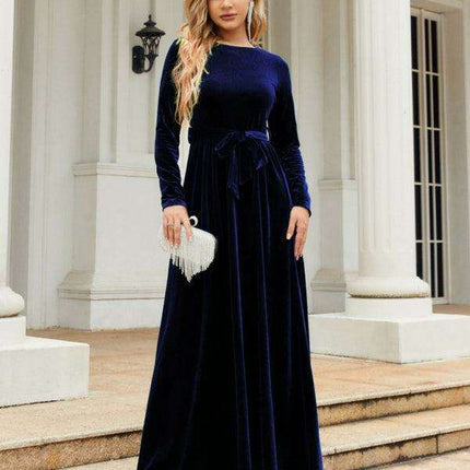 Opulent Golden Velvet Dress with Stylish Round Neckline and Sophisticated Belt - Women's Fashion Essential