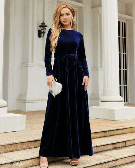 Opulent Golden Velvet Dress with Stylish Round Neckline and Sophisticated Belt - Women's Fashion Essential