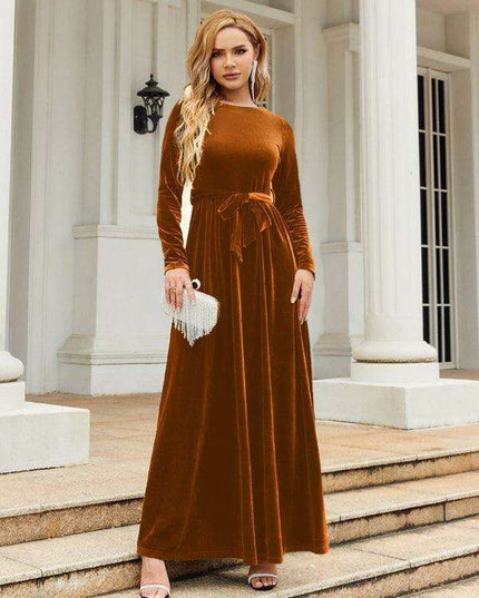 Opulent Golden Velvet Dress with Stylish Round Neckline and Sophisticated Belt - Women's Fashion Essential