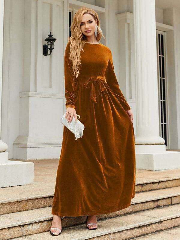 Opulent Golden Velvet Dress with Stylish Round Neckline and Sophisticated Belt - Women's Fashion Essential