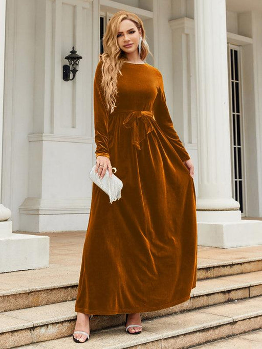 Luxurious Gold Velvet Dress - Chic Belted Round Neck Women's Dress
