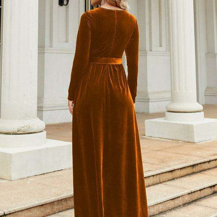 Opulent Golden Velvet Dress with Stylish Round Neckline and Sophisticated Belt - Women's Fashion Essential