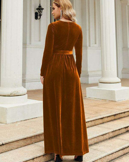Opulent Golden Velvet Dress with Stylish Round Neckline and Sophisticated Belt - Women's Fashion Essential