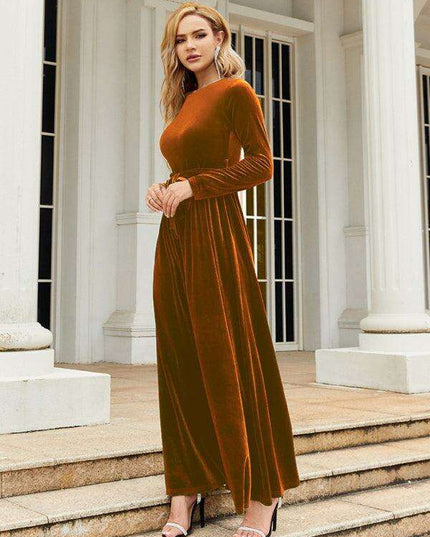 Opulent Golden Velvet Dress with Stylish Round Neckline and Sophisticated Belt - Women's Fashion Essential