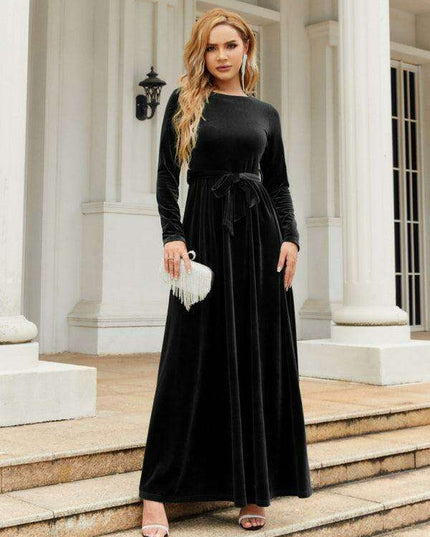 Opulent Golden Velvet Dress with Stylish Round Neckline and Sophisticated Belt - Women's Fashion Essential