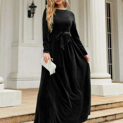 Opulent Golden Velvet Dress with Stylish Round Neckline and Sophisticated Belt - Women's Fashion Essential