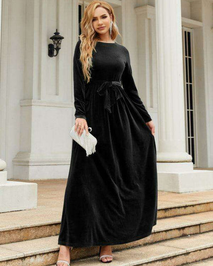 Opulent Golden Velvet Dress with Stylish Round Neckline and Sophisticated Belt - Women's Fashion Essential