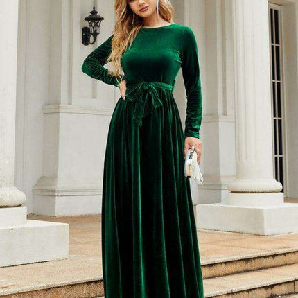 Opulent Golden Velvet Dress with Stylish Round Neckline and Sophisticated Belt - Women's Fashion Essential