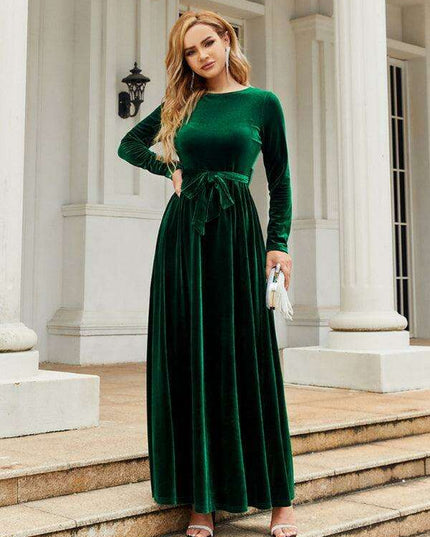 Opulent Golden Velvet Dress with Stylish Round Neckline and Sophisticated Belt - Women's Fashion Essential