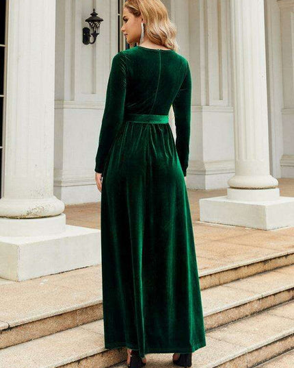 Opulent Golden Velvet Dress with Stylish Round Neckline and Sophisticated Belt - Women's Fashion Essential