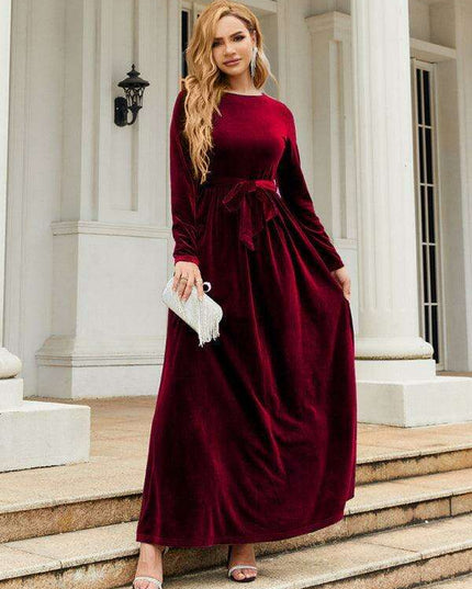 Opulent Golden Velvet Dress with Stylish Round Neckline and Sophisticated Belt - Women's Fashion Essential