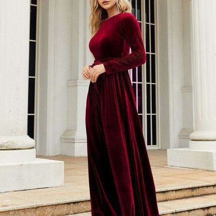 Opulent Golden Velvet Dress with Stylish Round Neckline and Sophisticated Belt - Women's Fashion Essential