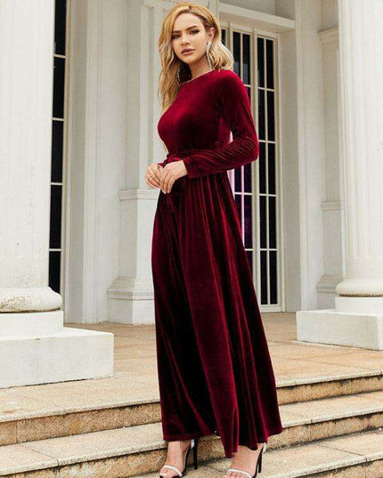 Opulent Golden Velvet Dress with Stylish Round Neckline and Sophisticated Belt - Women's Fashion Essential