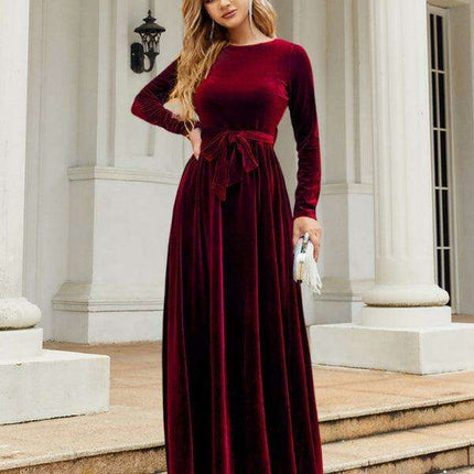 Opulent Golden Velvet Dress with Stylish Round Neckline and Sophisticated Belt - Women's Fashion Essential