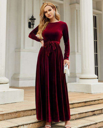 Opulent Golden Velvet Dress with Stylish Round Neckline and Sophisticated Belt - Women's Fashion Essential
