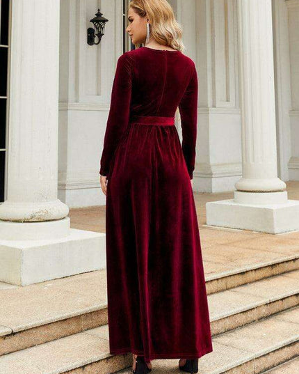 Opulent Golden Velvet Dress with Stylish Round Neckline and Sophisticated Belt - Women's Fashion Essential