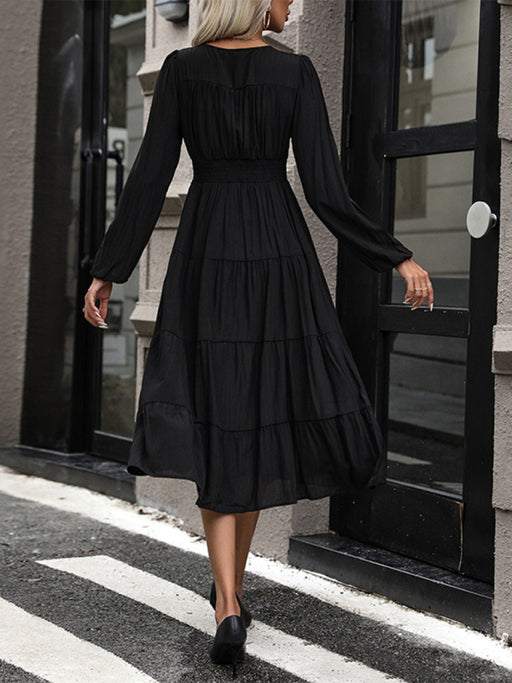 Elegant Black V-Neck Dress with Long Sleeves for Women