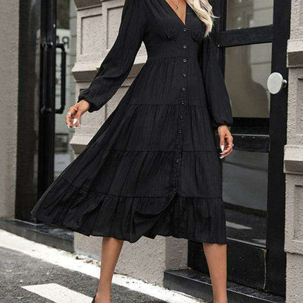 Elegant Black V-Neck Long Sleeve Dress - A Timeless Wardrobe Staple for Any Occasion