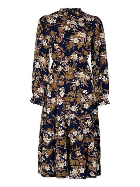 Vintage Chic Floral V-Neck Long-Sleeve Dress - Fashionable Women's Selection