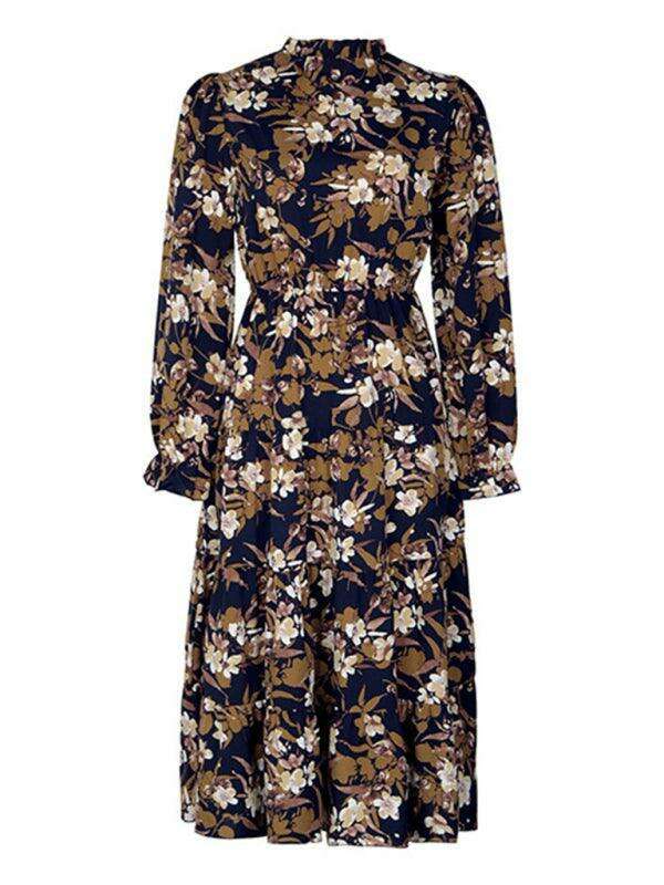 Vintage Chic Floral V-Neck Long-Sleeve Dress - Fashionable Women's Selection
