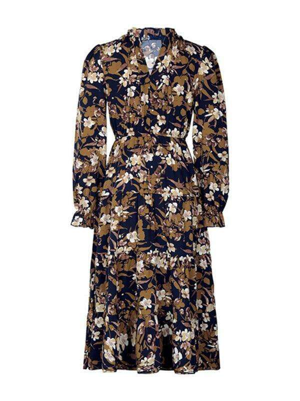 Vintage Chic Floral V-Neck Long-Sleeve Dress - Fashionable Women's Selection
