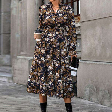 Vintage Chic Floral V-Neck Long-Sleeve Dress - Fashionable Women's Selection