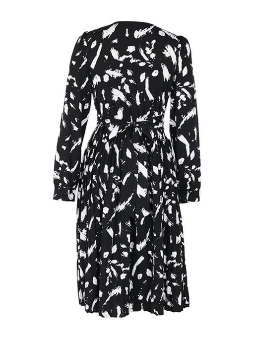 Chic Black Printed Long-Sleeve Women's Dress