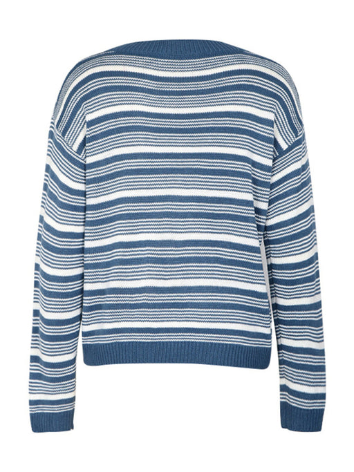 Cozy Striped Knit Sweater with Round Neck for Women