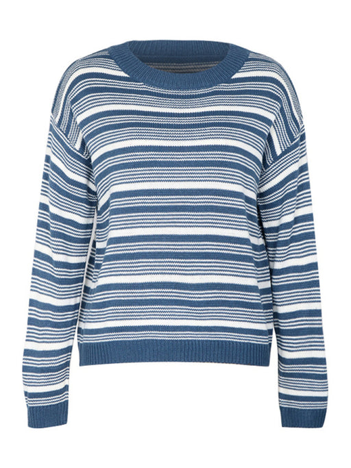 Cozy Striped Knit Sweater with Round Neck for Women