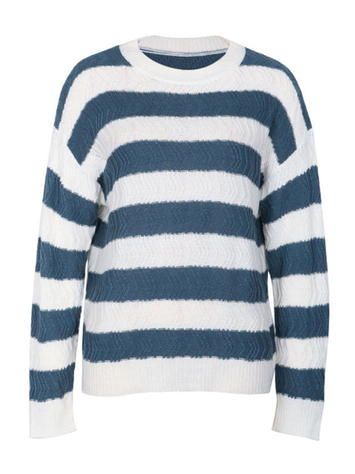 Cozy Striped Knit Sweater - Women's Round Neck Pullover for Autumn-Winter Collection