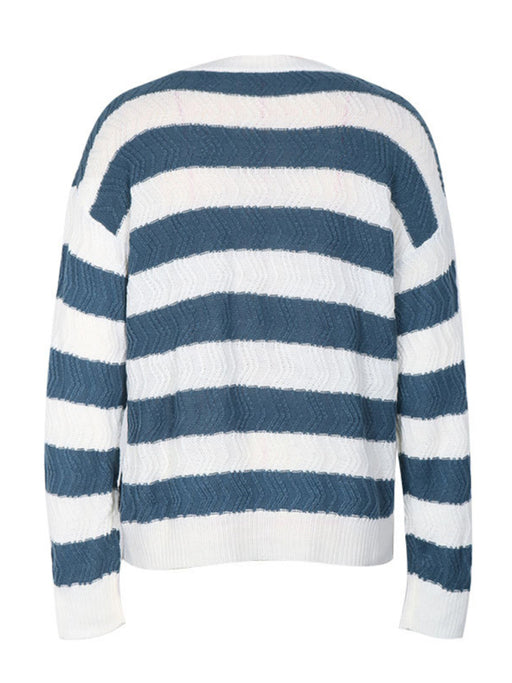 Cozy Striped Knit Sweater - Women's Round Neck Pullover for Autumn-Winter Collection