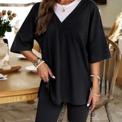 Effortless Elegance: Women's V-Neck Top and Shorts Set