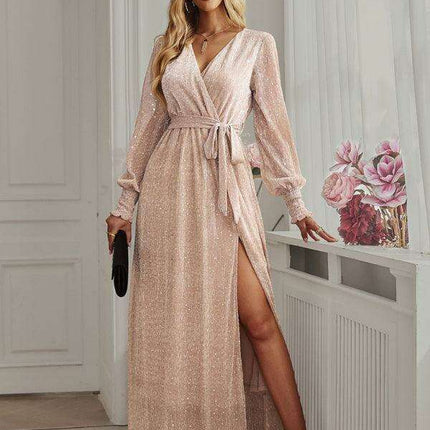 Elegant V-Neck Long Sleeve Midi Dress - Classic Women's Style