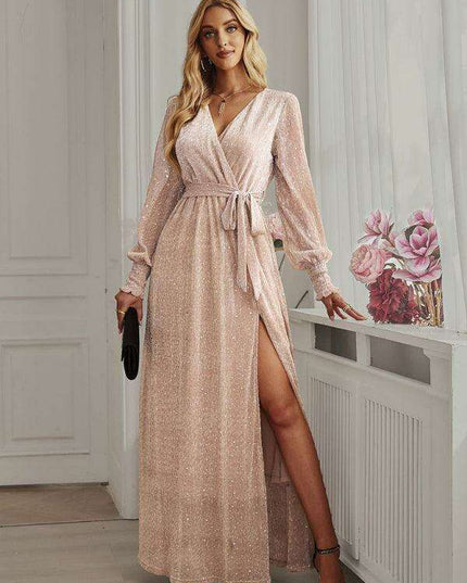 Elegant V-Neck Long Sleeve Midi Dress - Classic Women's Style