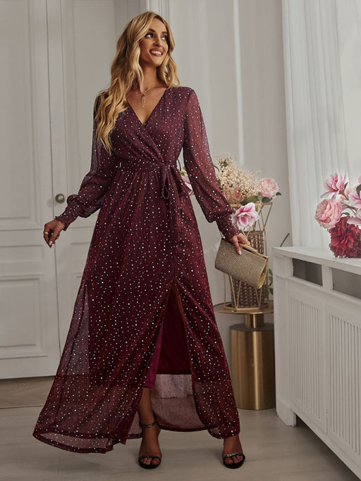 Graceful V Neck Long Sleeve Midi Dress with Cinched Waist - Elegant Women's Attire