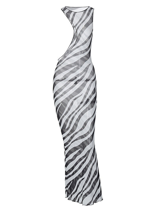 Zebra Print Irregular Skirt Bohemian Dress with Dropped Shoulder Sleeves