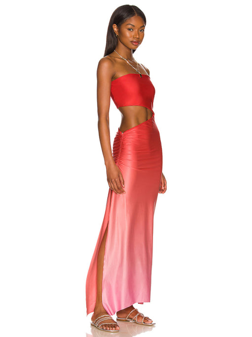 Boho-Chic Strapless Maxi Dress with Hollow Back and Stylish Hip Coverage