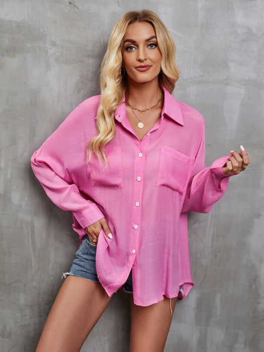 Vibrant Women's Stylish Solid Color Long Sleeve Blouse