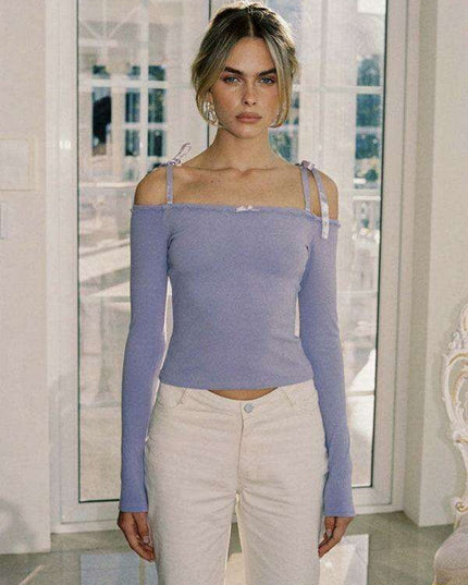 Chic Off-Shoulder Lace Bow Blouse: Fashionable Women's Long-Sleeve Top