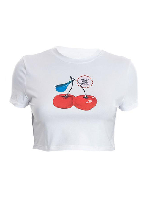 Colorful Cherry Print Short-Sleeved T-Shirt with Round Neck and Navel-Baring Design