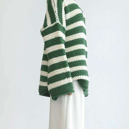 Vibrant Striped Women's Knit Pullover Sweater with Fun Collar Detail