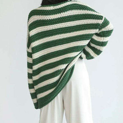 Vibrant Striped Women's Knit Pullover Sweater with Fun Collar Detail