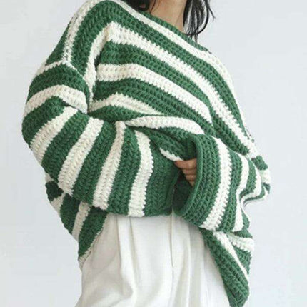 Vibrant Striped Women's Knit Pullover Sweater with Fun Collar Detail